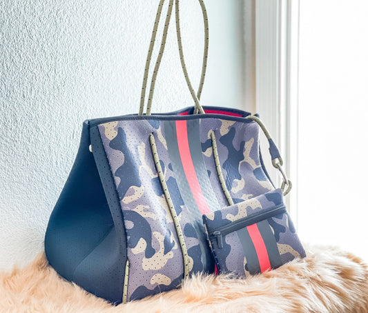 Juno - Dark Camo with Red Striped Neoprene Tote