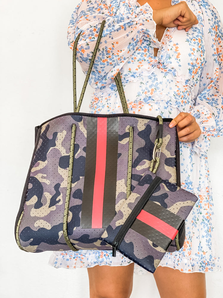 Juno - Dark Camo with Red Striped Neoprene Tote