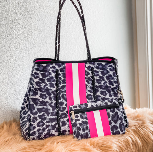 Artemis- Black Leopard with Pink Striped Print Neoprene Tote