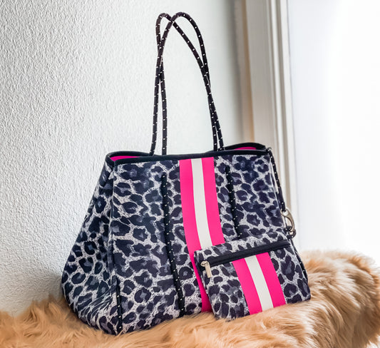 Artemis- Black Leopard with Pink Striped Print Neoprene Tote