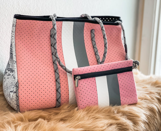 Aura - Pink with Stripe Print Neoprene Tote