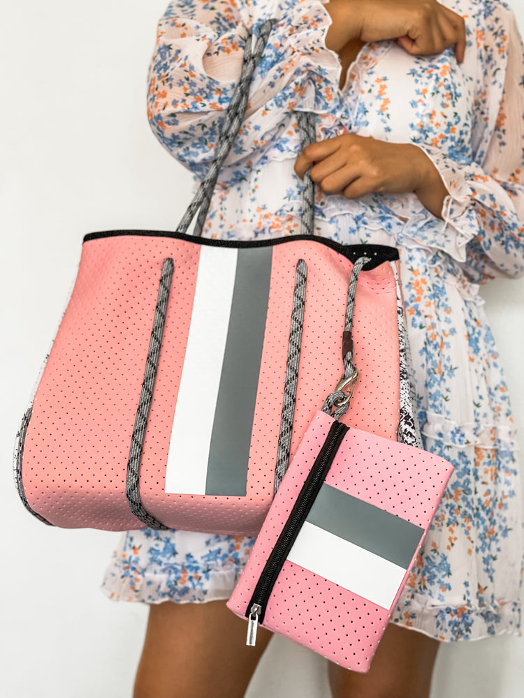 Aura - Pink with Stripe Print Neoprene Tote