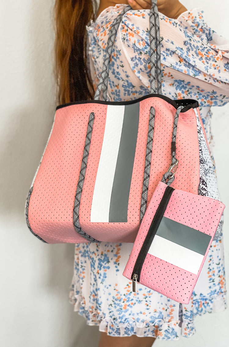 Aura - Pink with Stripe Print Neoprene Tote