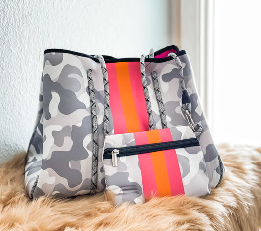 Iris - Light Camo Print with Pink Stripe Neoprene Tote