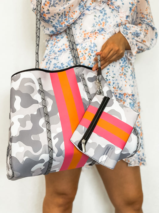 Iris - Light Camo Print with Pink Stripe Neoprene Tote