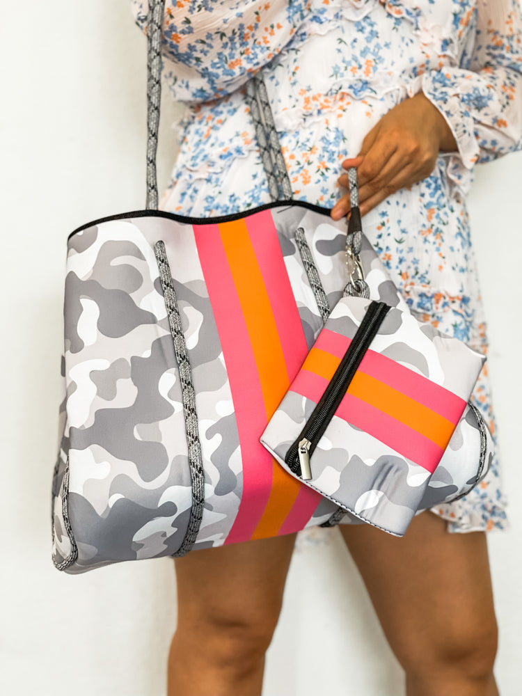 Iris - Light Camo Print with Pink Stripe Neoprene Tote
