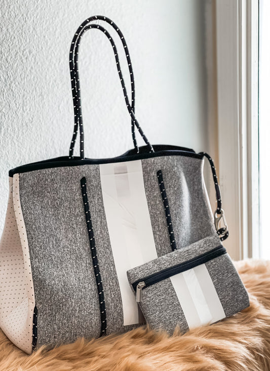 Cynthia - Solid Gray Print with Stripes Neoprene Tote