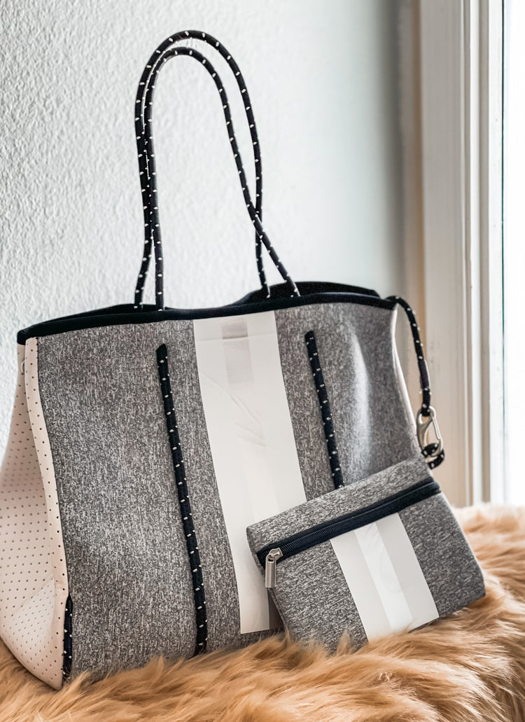 Cynthia - Solid Gray Print with Stripes Neoprene Tote