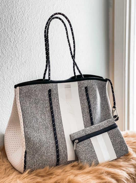 Cynthia - Solid Gray Print with Stripes Neoprene Tote