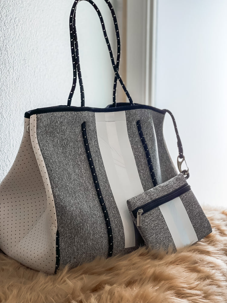 Cynthia - Solid Gray Print with Stripes Neoprene Tote