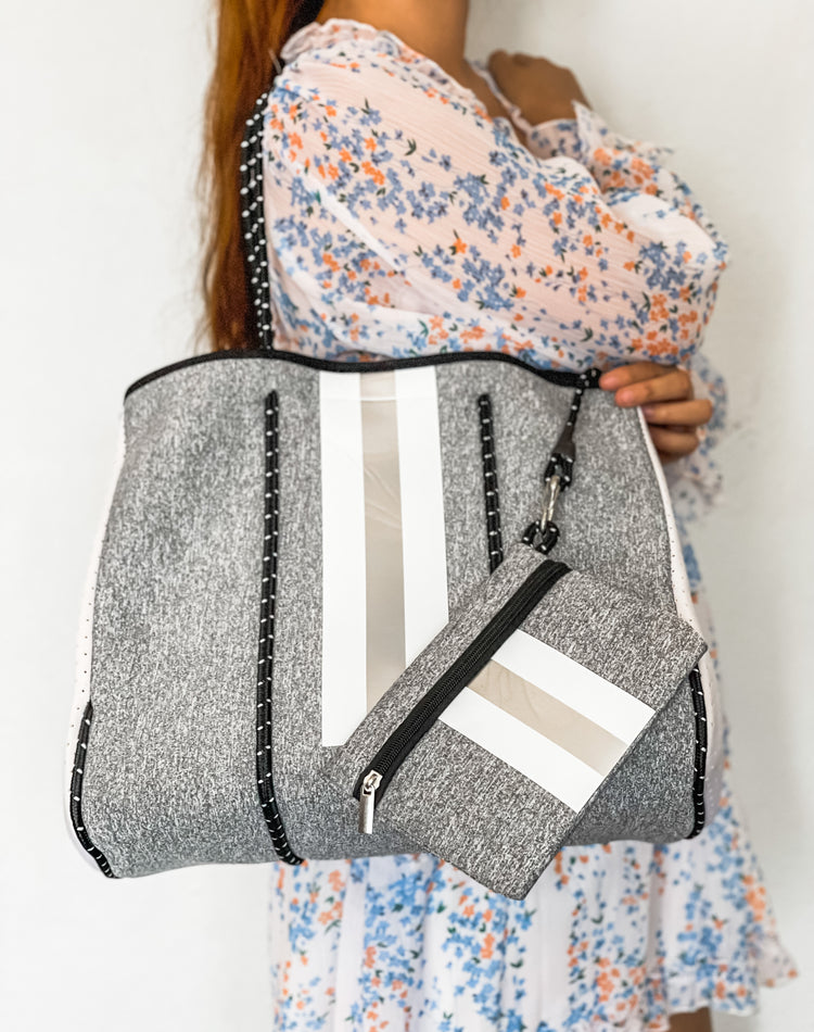 Cynthia - Solid Gray Print with Stripes Neoprene Tote