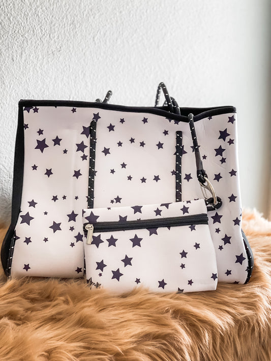 Selena - White with Stars Print Neoprene Tote