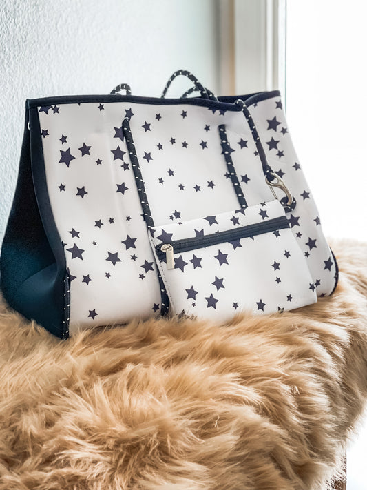 Selena - White with Stars Print Neoprene Tote