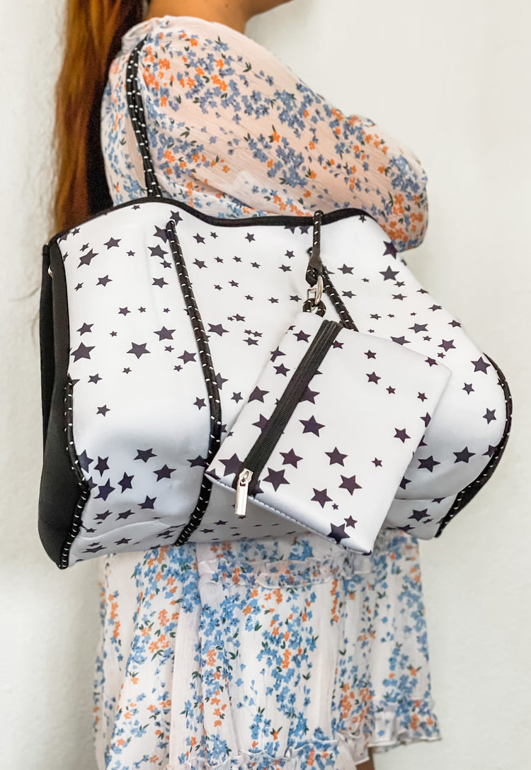 Selena - White with Stars Print Neoprene Tote