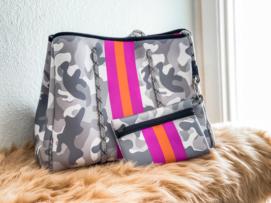 Althea - Light Camo with Purple Stripes Printed Neoprene Tote