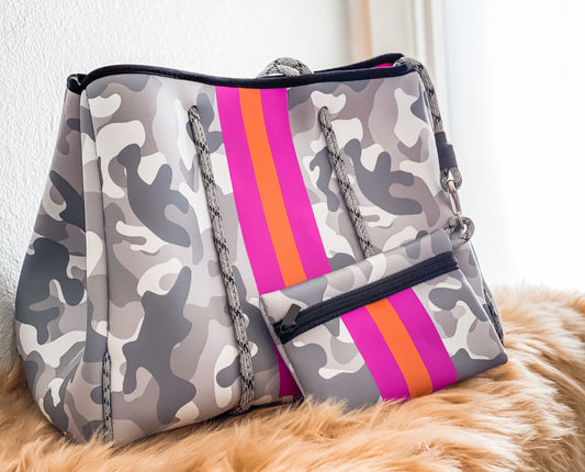 Althea - Light Camo with Purple Stripes Printed Neoprene Tote