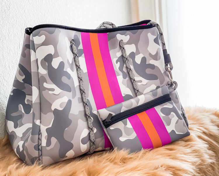 Althea - Light Camo with Purple Stripes Printed Neoprene Tote