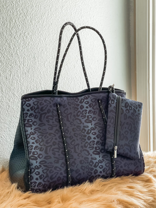 Kali - Dark Leopard with Dark Blue Tint Printed Neoprene Tote