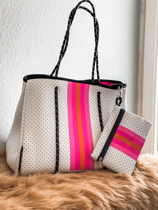 Irene - White Printed with Pink Stripes Neoprene Tote