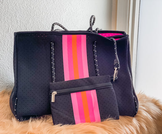 Gaia- Black with Pink Stripes Printed Neoprene Tote