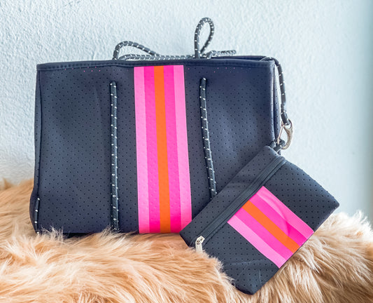 Gaia- Black with Pink Stripes Printed Neoprene Tote