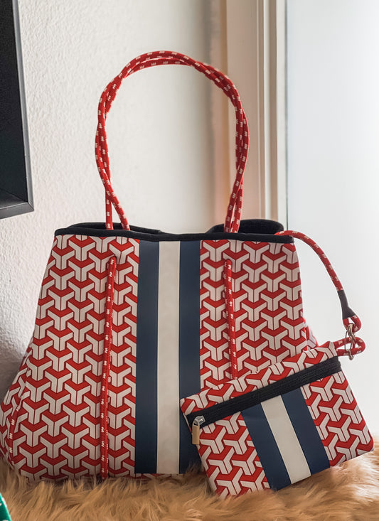 Alexandra - Red Geometric Details Neoprene Tote