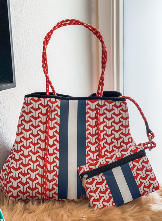 Alexandra - Red Geometric Details Neoprene Tote