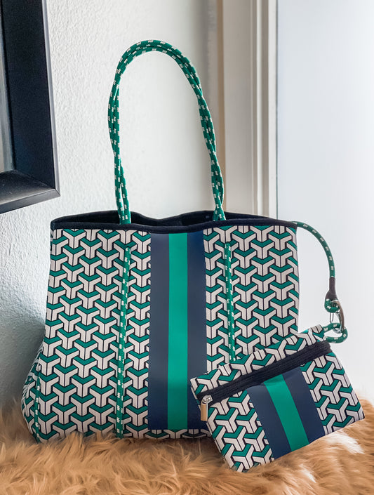 Daphne - Green Geometric Details Neoprene Tote