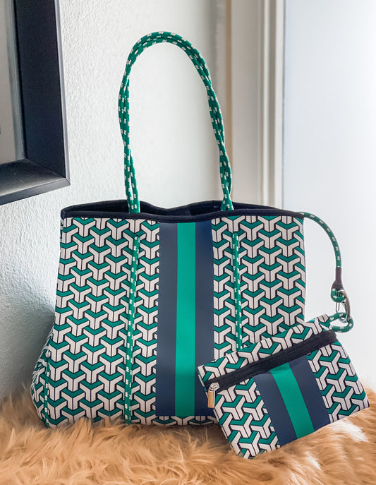 Daphne - Green Geometric Details Neoprene Tote