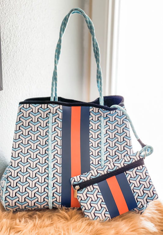 Circe - Sky Blue Geometric Details Neoprene Tote