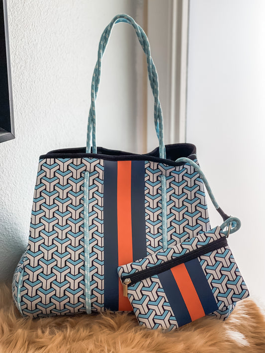 Circe - Sky Blue Geometric Details Neoprene Tote