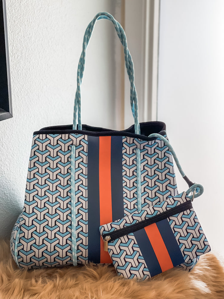Circe - Sky Blue Geometric Details Neoprene Tote
