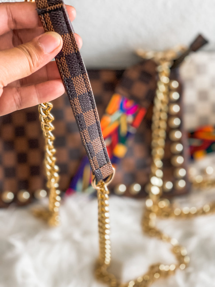 Checkered PU Leather Crossbody Purse Clutch With Guitar Strap