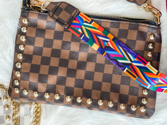 Checkered PU Leather Crossbody Purse Clutch With Guitar Strap