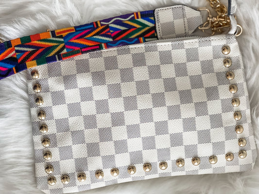 Checkered PU Leather Crossbody Purse Clutch With Guitar Strap