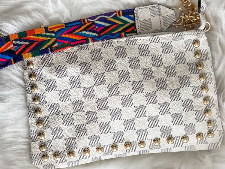 Checkered PU Leather Crossbody Purse Clutch With Guitar Strap