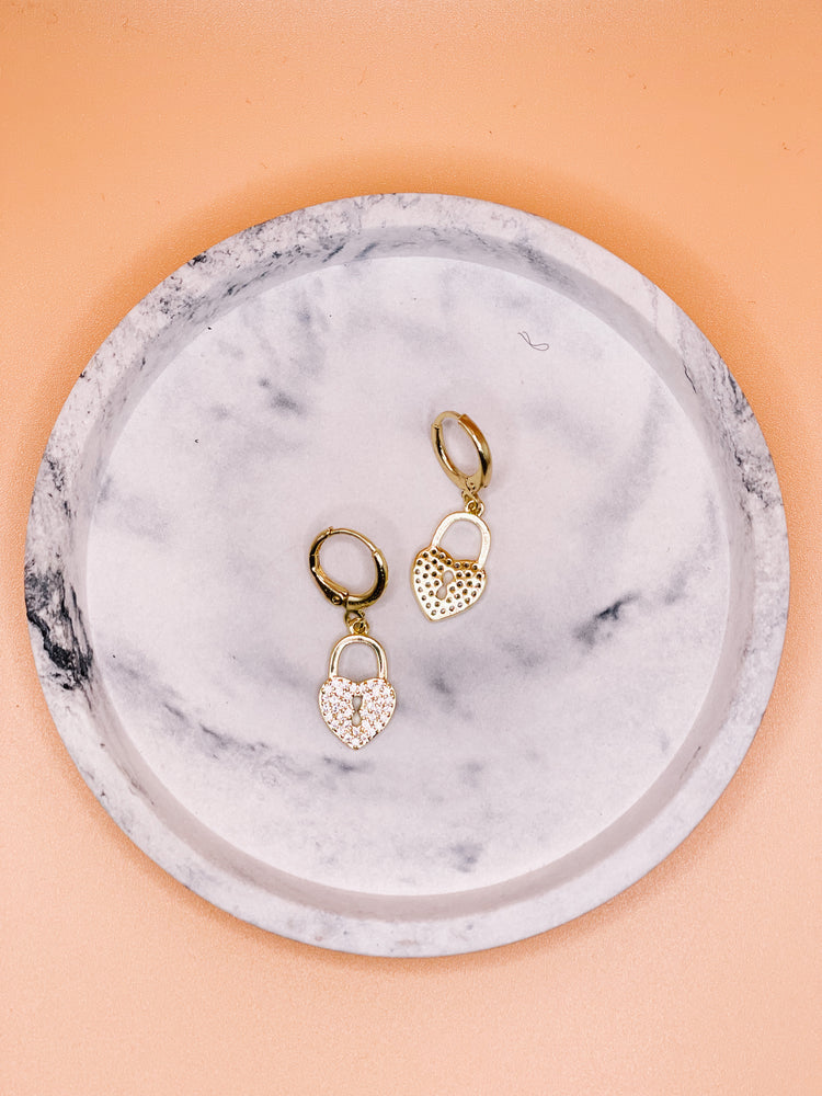 Alena Gold Lock Heart Drop Earrings