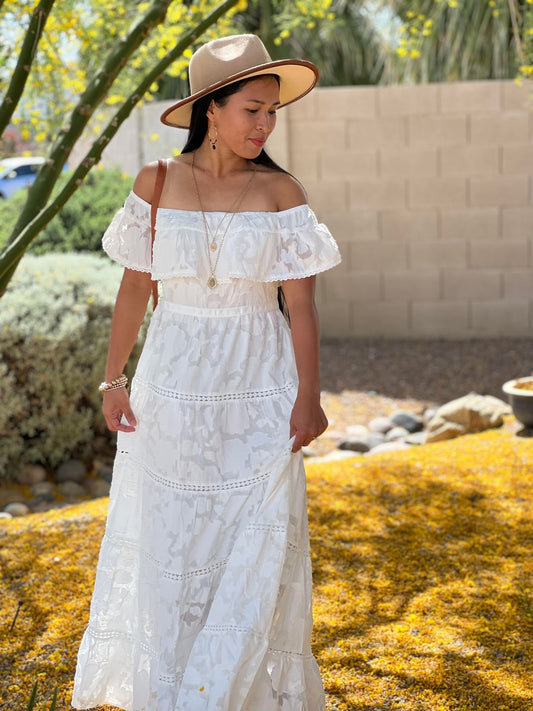 Angela White Off-the-shoulder Ruffled Lace Maxi Dress