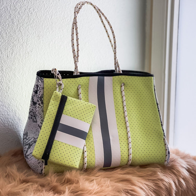 Sabrina- Neon Green with Snake Skin Printed Neoprene Tote