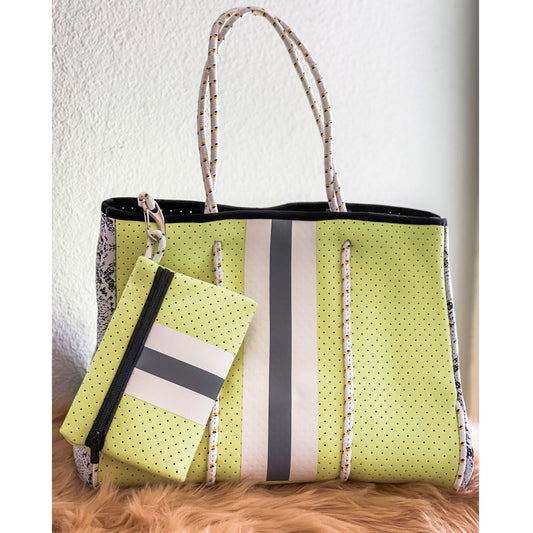 Sabrina- Neon Green with Snake Skin Printed Neoprene Tote
