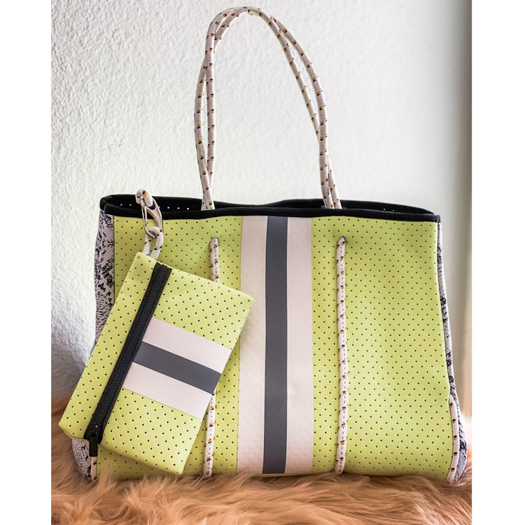 Sabrina- Neon Green with Snake Skin Printed Neoprene Tote