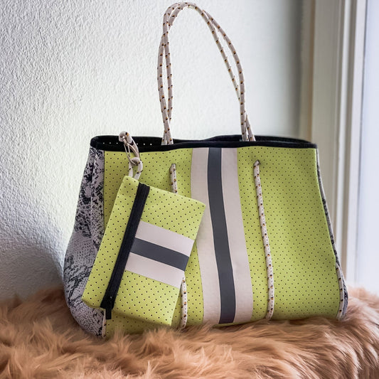 Sabrina- Neon Green with Snake Skin Printed Neoprene Tote