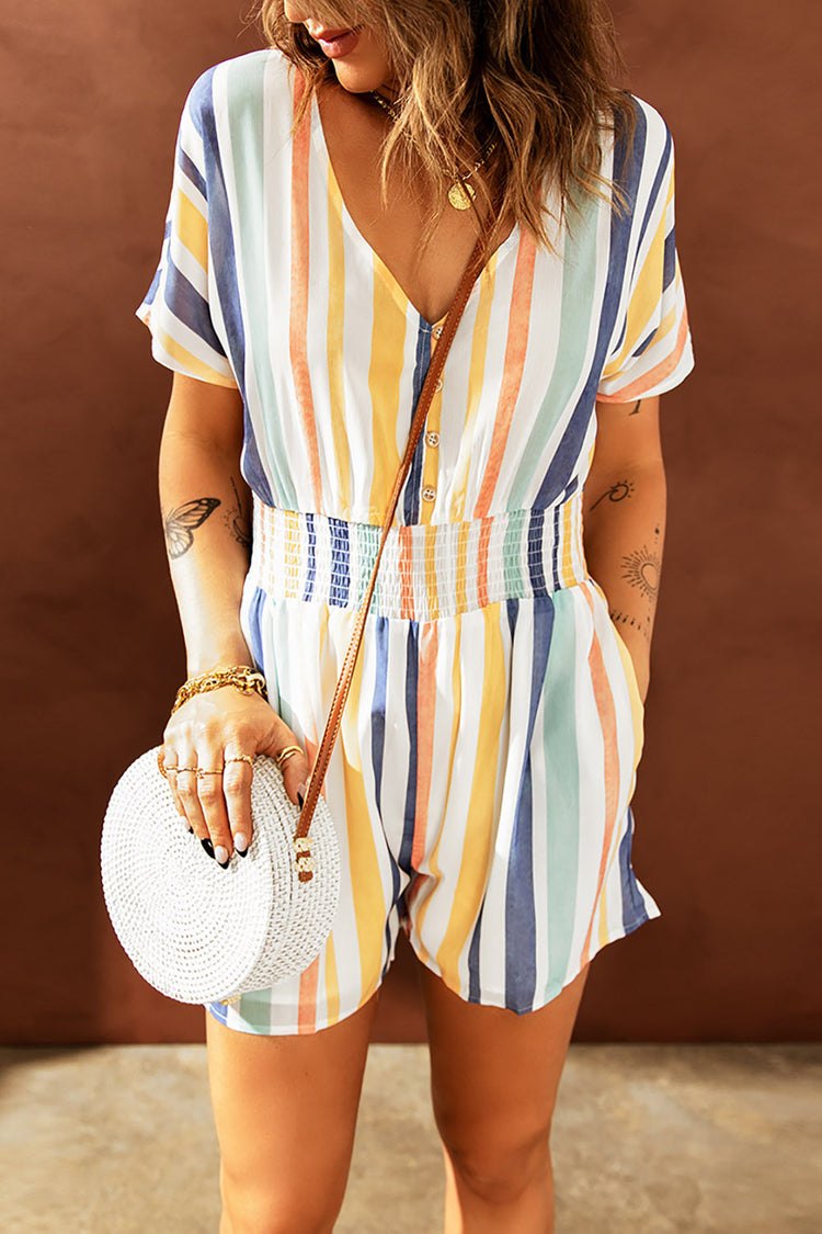 V-neck Button Romper in Striped Print