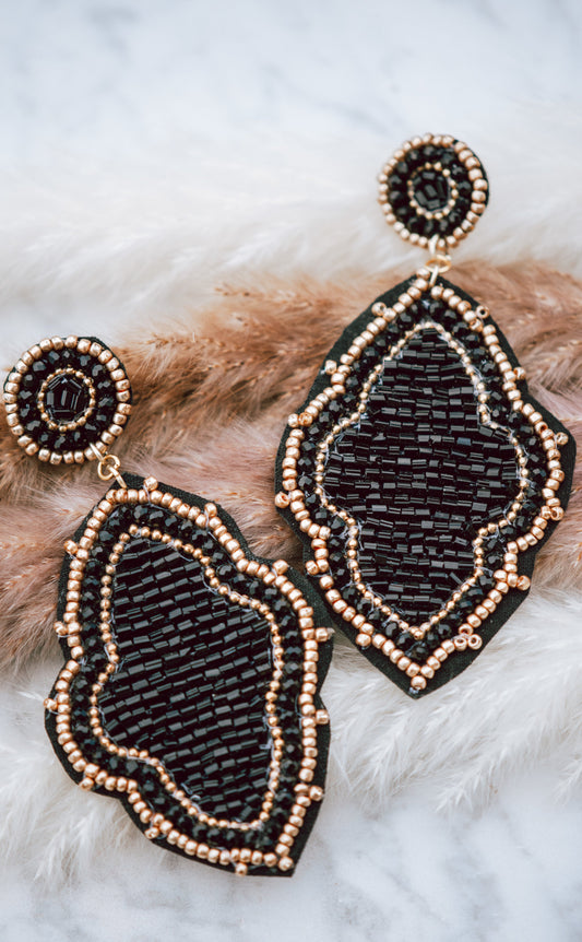 Moroccan Seed Bead Felt Back Earrings in Black