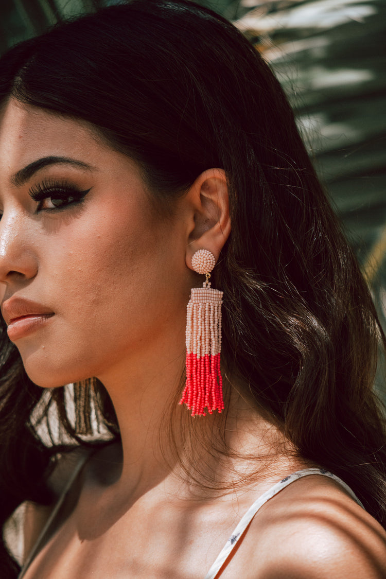 Beaded Tassel Fringe Drop Earrings in Pink