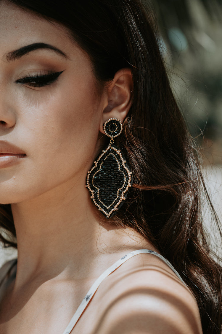 Moroccan Seed Bead Felt Back Earrings in Black