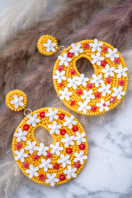Penny Seed Beaded Floral Post Earrings in Yellow
