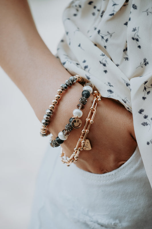 Glass Bead Gold Links Stackable Bracelet - 3PC Set