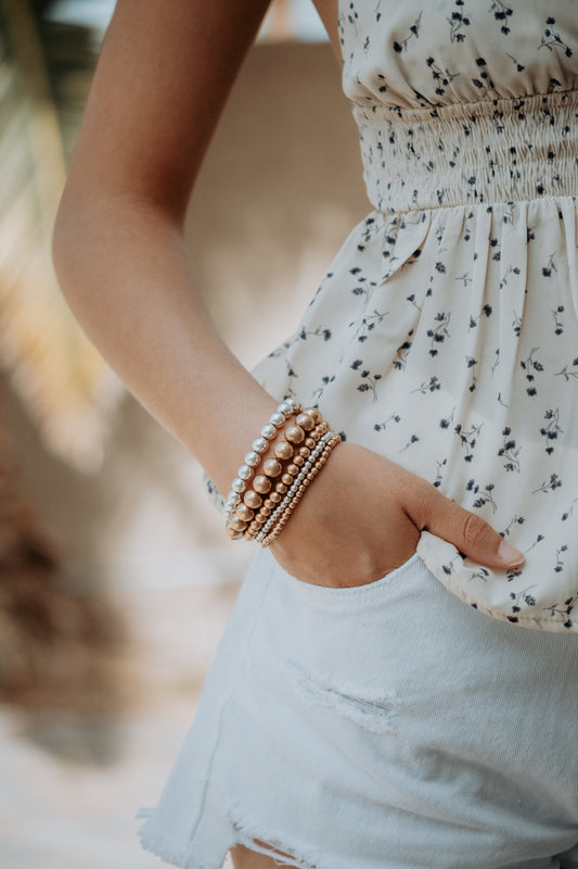 Lacy Metallic Stretch Stackable Beaded Bracelets 5PC Set - Neutrals
