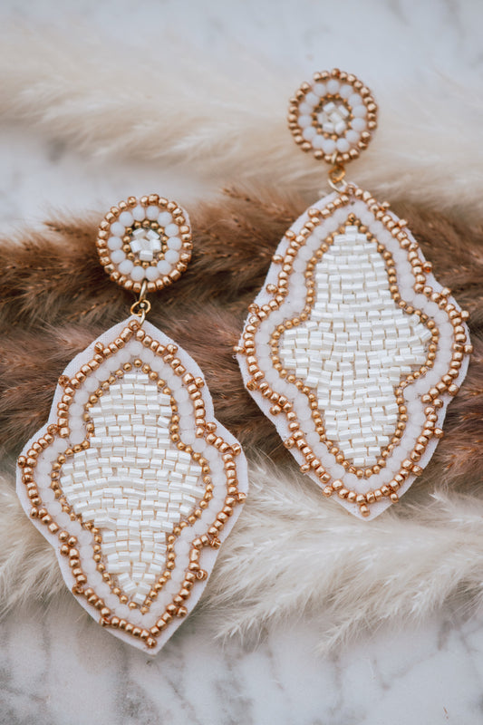 Moroccan Seed Bead Felt Back Earrings in Ivory